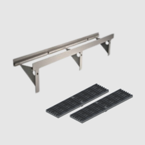 ACO ThresholdDrain OnePour galv frame with black plastic intercept Heelsafe® Anti-Slip grates